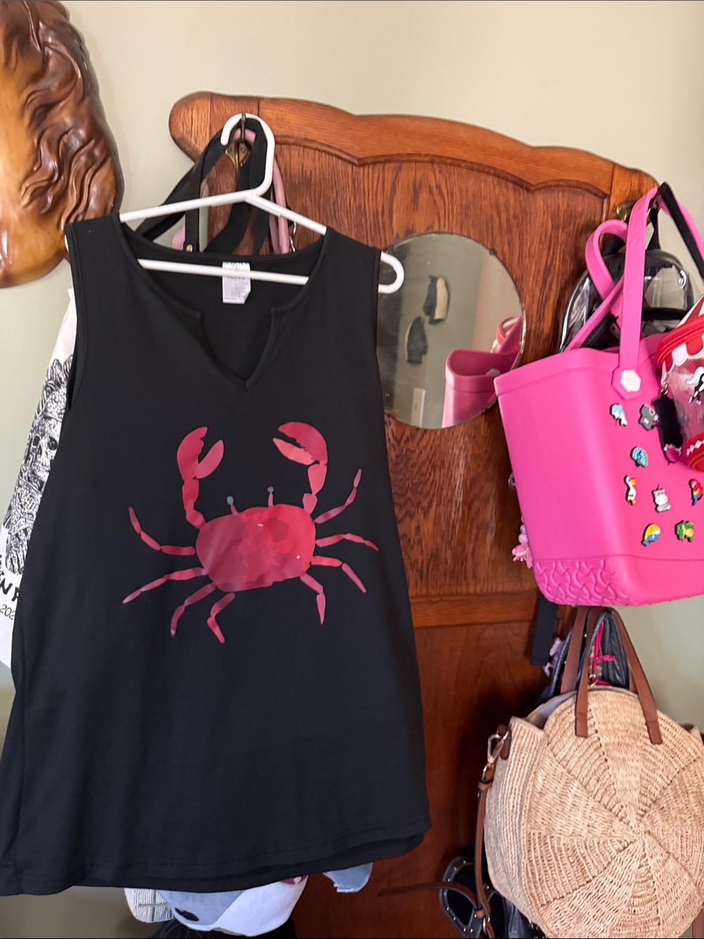 Black Tank Top with Pink Crab Graphic - Women